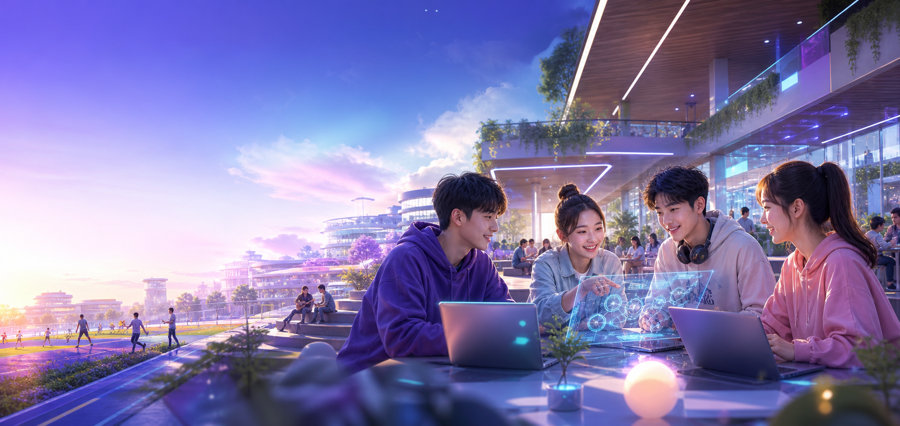 年轻学员在未来感校园空间里进行AI项目共创